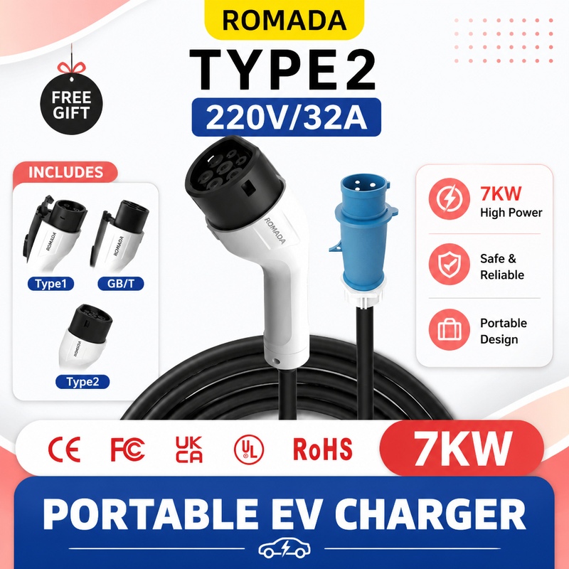 Portable Ev Charger 32A Type 2 Cee Plug - 7KW ROMADA Elektrofahrzeug-Ladegerät, tragbar, GBT Typ1,